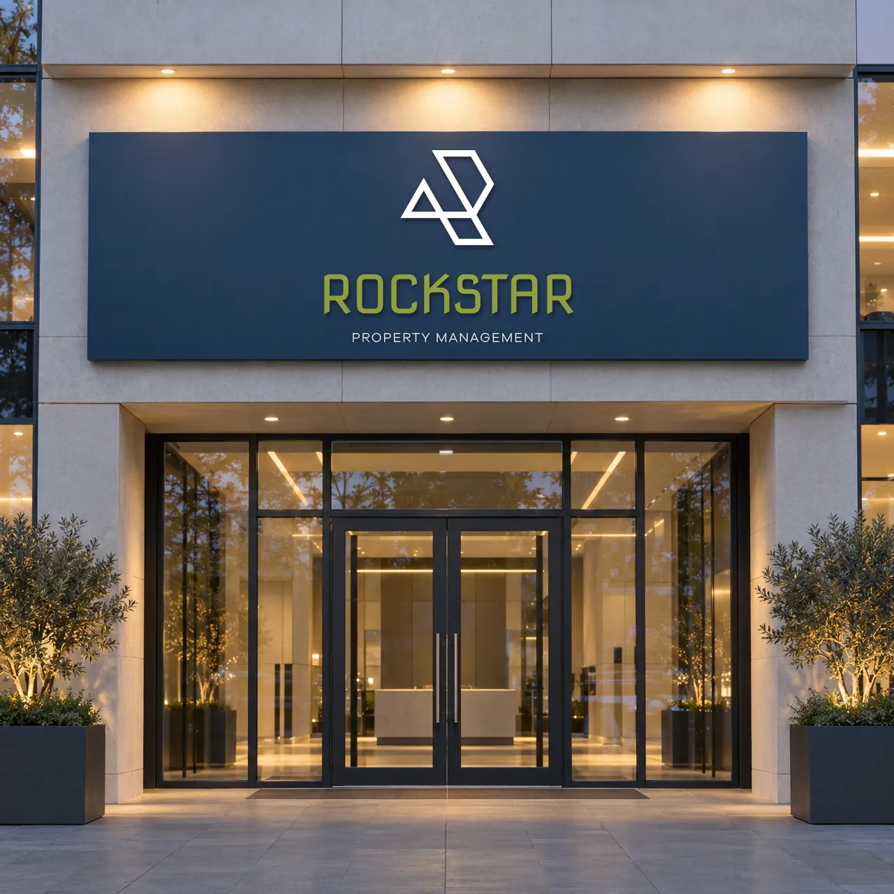 Rockstar Property Management logo on an office sign (mockup), designed by Sharp Design