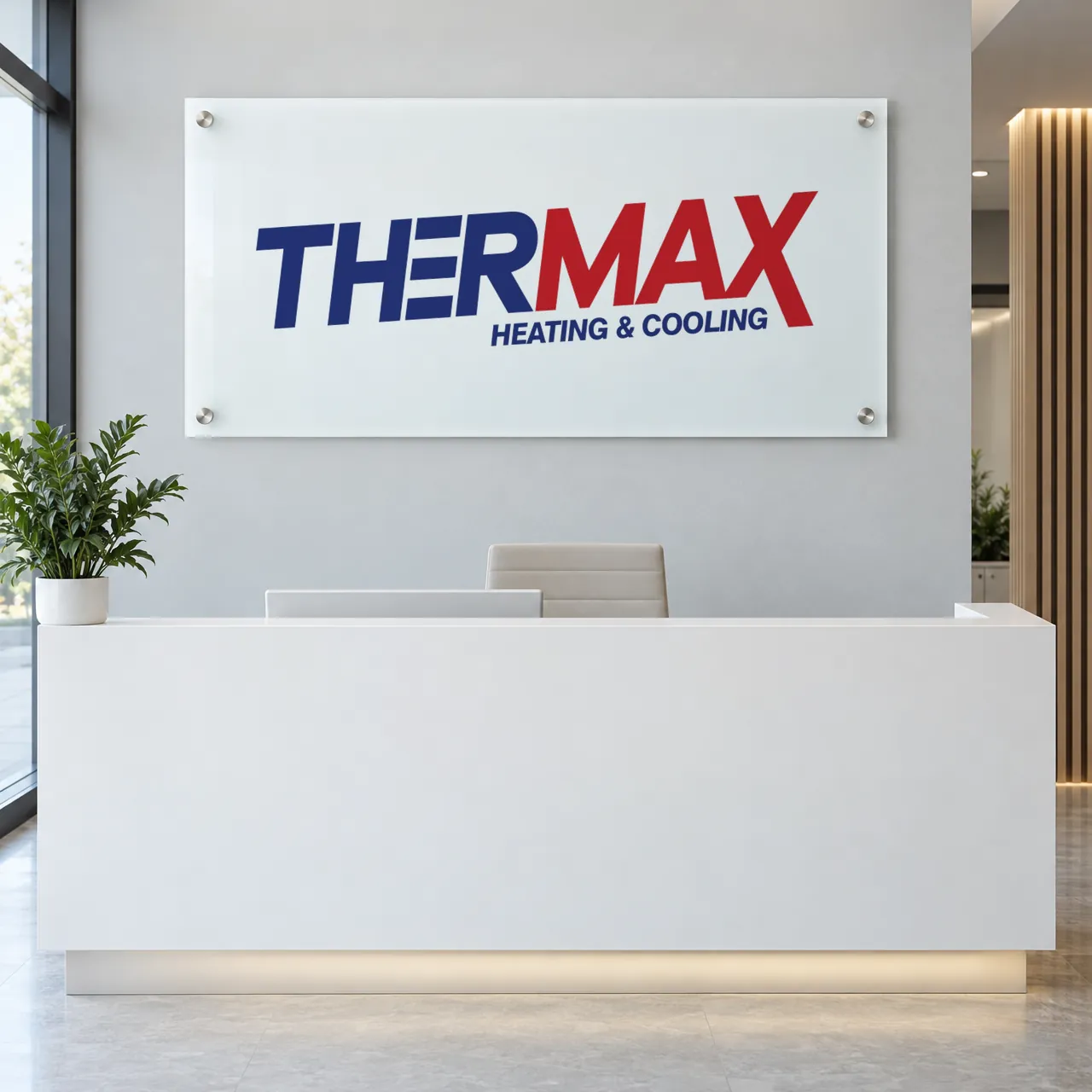 Thermax Heating & Cooling logo on an office wall sign (mockup), designed by Sharp Design